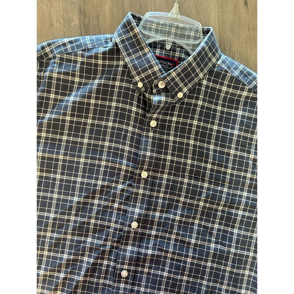 Untuckit Medium Mens Button Up Shirt Blue Plaid Wrinkle Free Long Sleeve